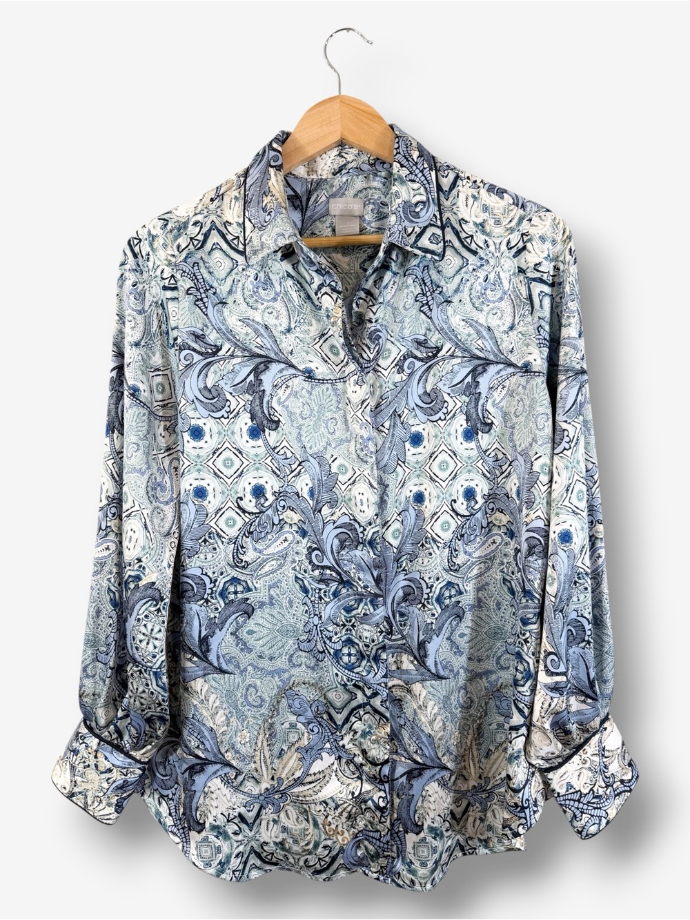 Chico’s Satin Blouse Size 1 (US 8/10) Blue Paisley Button Down Long Sleeve